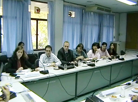 Members of the Canadian women and children’s-rights group attend a meeting with Pattaya-area human-trafficking police, Friday. March 4.